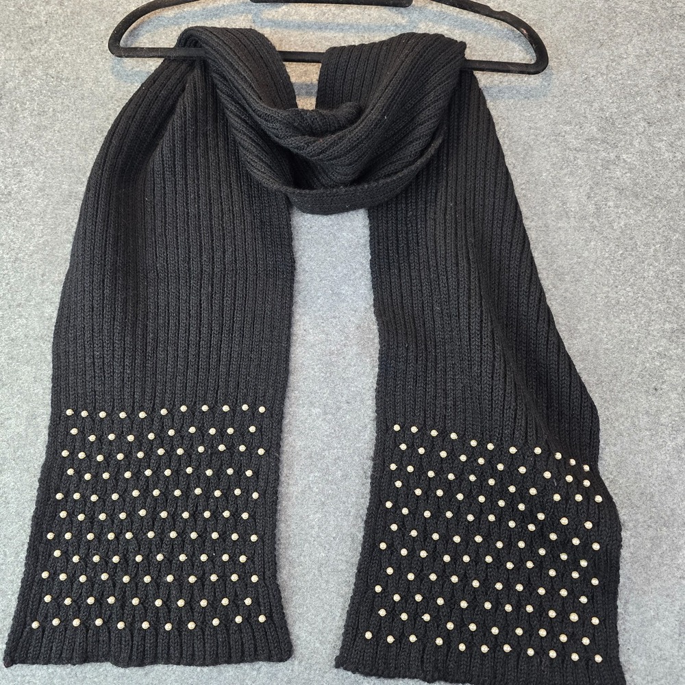 Women's Black Ribbed Knit Scarf Pearl Beaded Embellished Winter Fashion Elegant